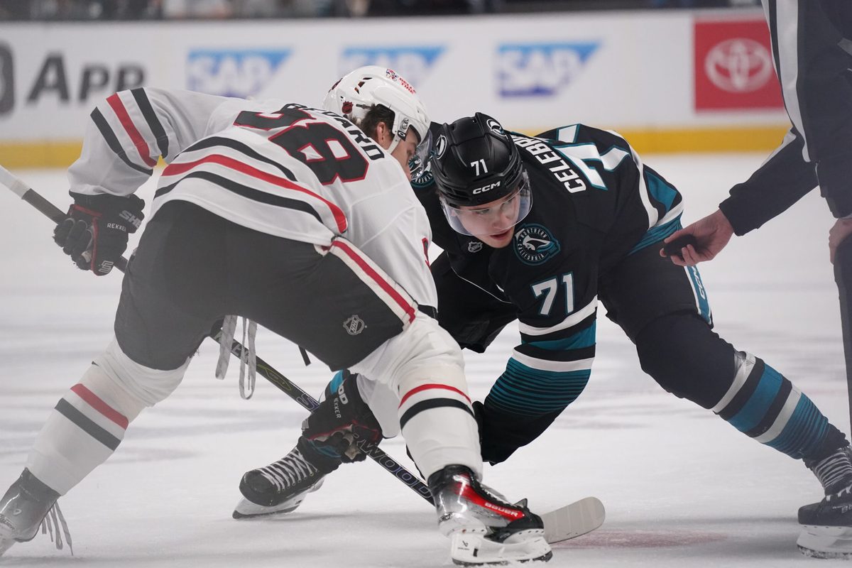 Apr 6, 2026; San Jose, California, USA;  San Jose Sharks center Macklin Celebrini (71) and Chicago Blackhawks center Connor Bedard (98) face off during the second period at SAP Center at San Jose. Mandatory Credit: David Gonzales-Imagn Images