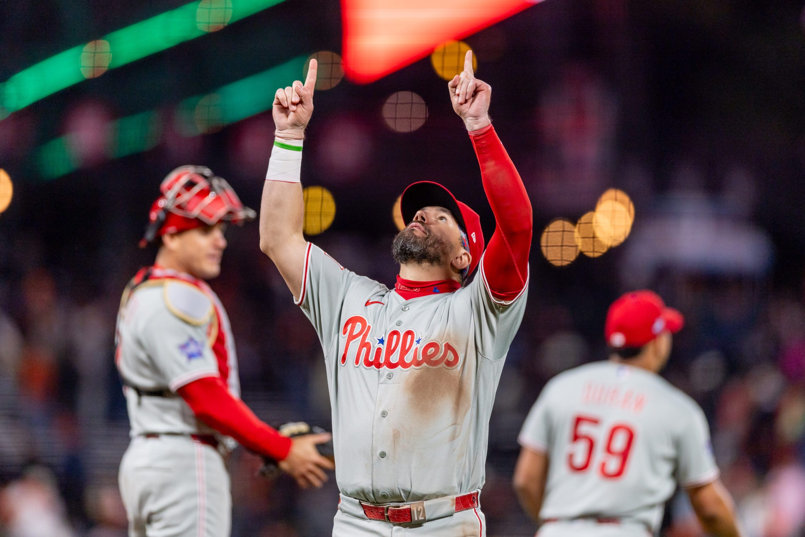Apr 6, 2026; San Francisco, California, USA; Philadelphia Phillies left fielder Kyle Schwarber (12) celebrates his team’s victory against the San Francisco Giants at Oracle Park. Mandatory Credit: Bob Kupbens-Imagn Images