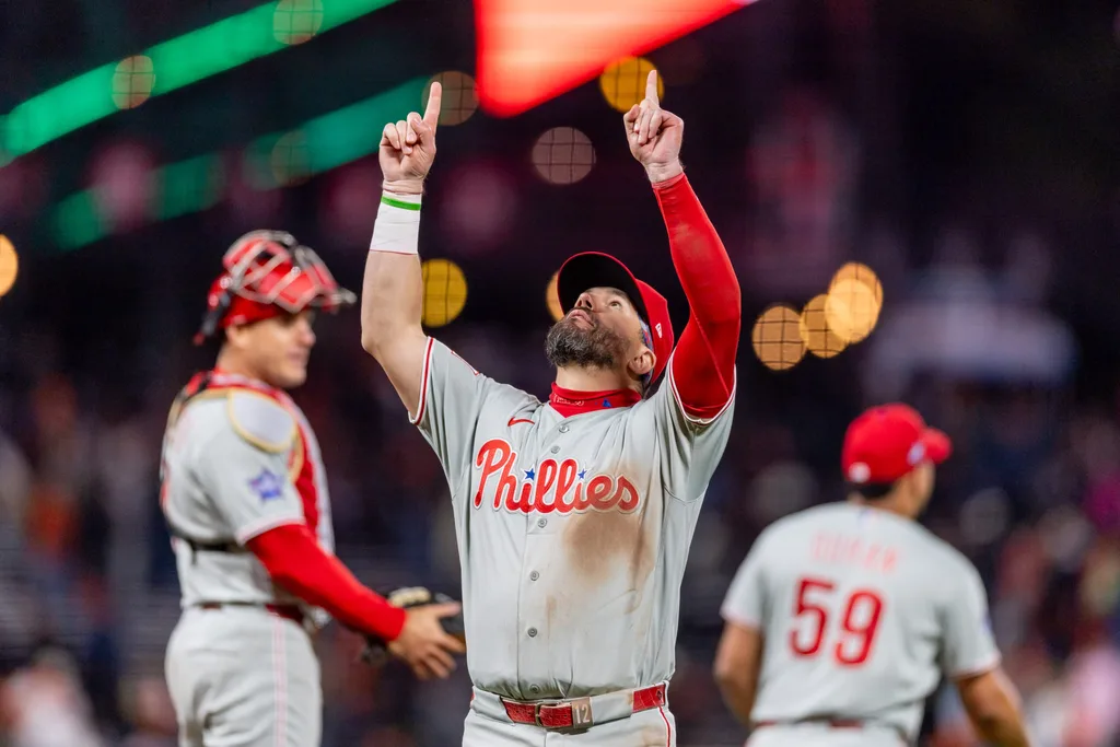 Apr 6, 2026; San Francisco, California, USA; Philadelphia Phillies left fielder Kyle Schwarber (12) celebrates his team’s victory against the San Francisco Giants at Oracle Park. Mandatory Credit: Bob Kupbens-Imagn Images