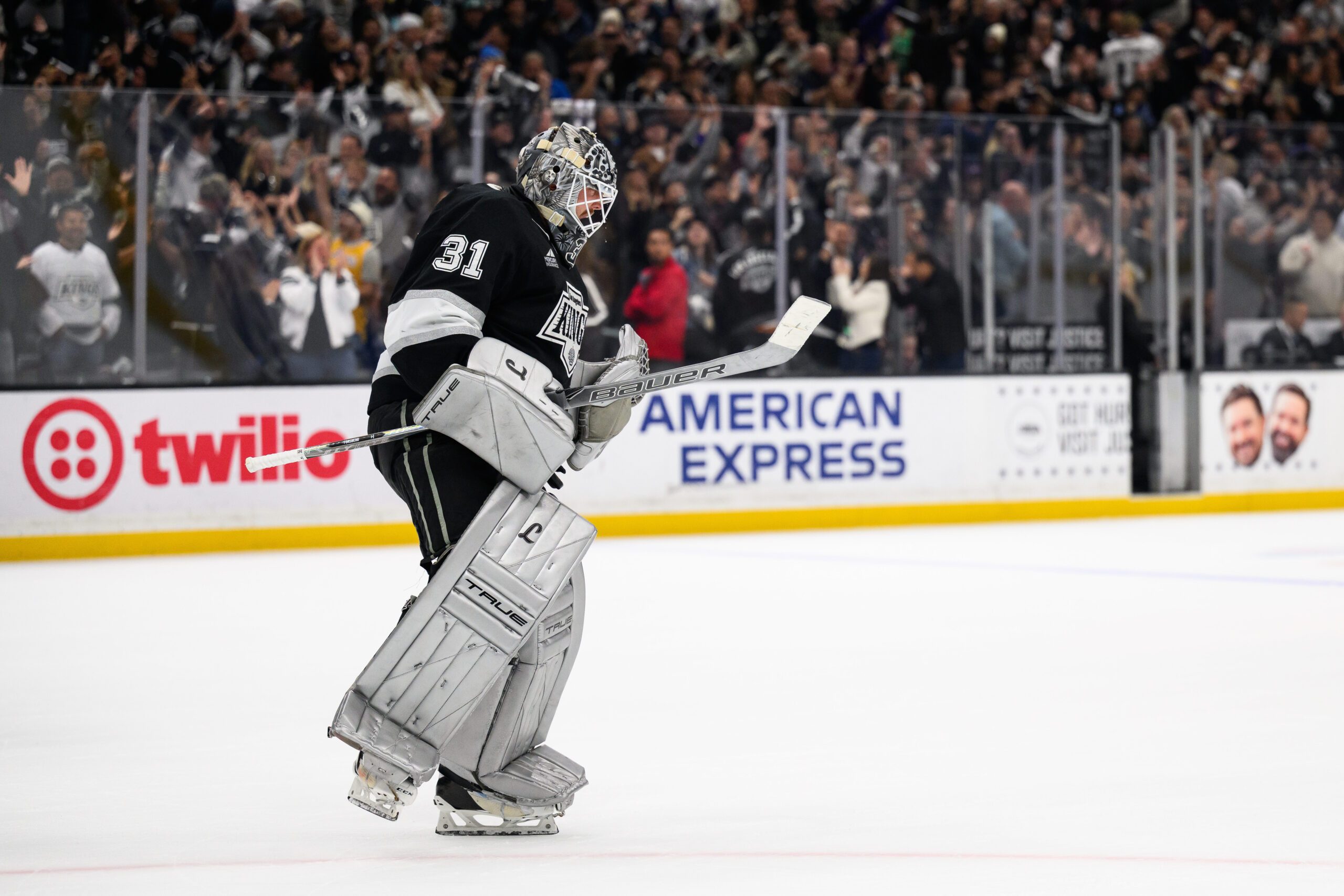 Apr 6, 2026; Los Angeles, California, USA; Los Angeles Kings goaltender Anton Forsberg (31) reacts after successfully defending during a shootout against the Nashville Predators at Crypto.com Arena. Mandatory Credit: William Liang-Imagn Images