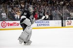 Apr 6, 2026; Los Angeles, California, USA; Los Angeles Kings goaltender Anton Forsberg (31) reacts after successfully defending during a shootout against the Nashville Predators at Crypto.com Arena. Mandatory Credit: William Liang-Imagn Images