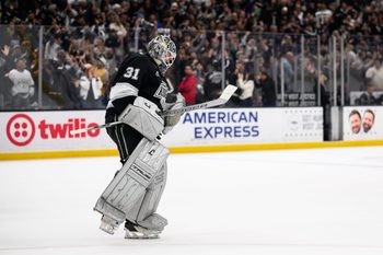 Apr 6, 2026; Los Angeles, California, USA; Los Angeles Kings goaltender Anton Forsberg (31) reacts after successfully defending during a shootout against the Nashville Predators at Crypto.com Arena. Mandatory Credit: William Liang-Imagn Images