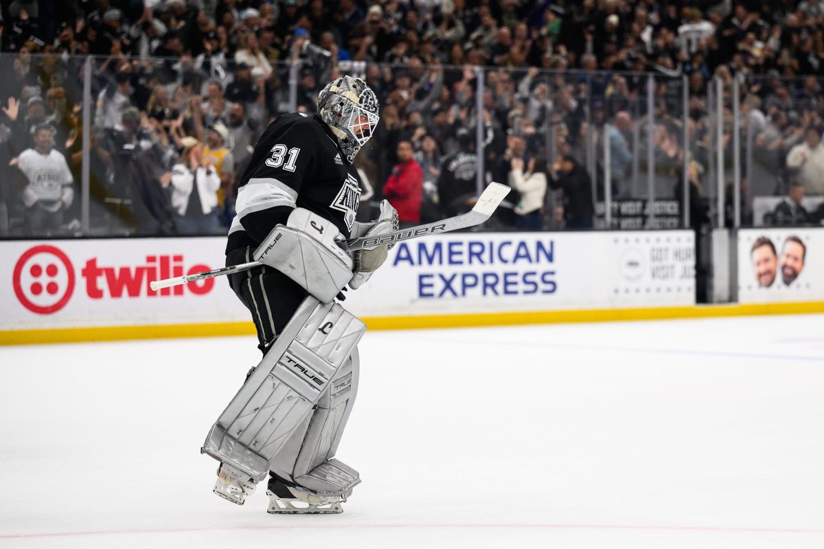Apr 6, 2026; Los Angeles, California, USA; Los Angeles Kings goaltender Anton Forsberg (31) reacts after successfully defending during a shootout against the Nashville Predators at Crypto.com Arena. Mandatory Credit: William Liang-Imagn Images