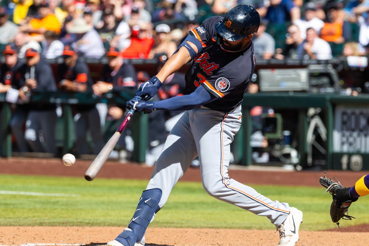 Apr 1, 2026; Phoenix, Arizona, USA; Detroit Tigers designated hitter Riley Greene against the Arizona Diamondbacks at Chase Field. Mandatory Credit: Mark J. Rebilas-Imagn Images