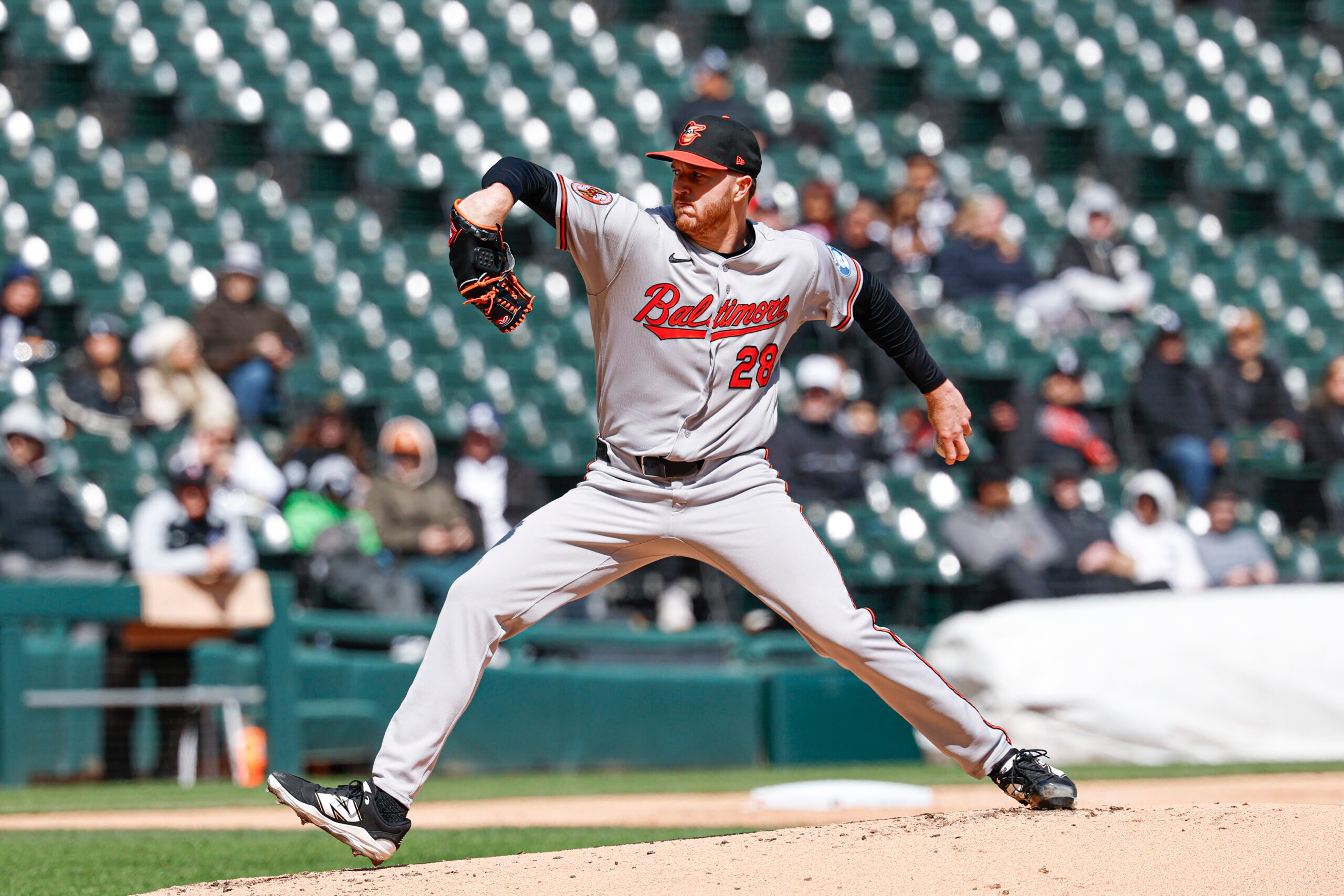Apr 7, 2026; Chicago, Illinois, USA; Baltimore Orioles starting pitcher Trevor Rogers (28) delivers a pitch against the Chicago White Sox during the first inning at Rate Field. Mandatory Credit: Kamil Krzaczynski-Imagn Images