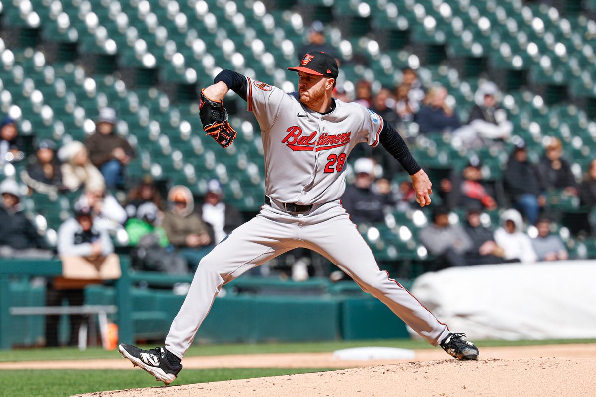Apr 7, 2026; Chicago, Illinois, USA; Baltimore Orioles starting pitcher Trevor Rogers (28) delivers a pitch against the Chicago White Sox during the first inning at Rate Field. Mandatory Credit: Kamil Krzaczynski-Imagn Images