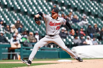 Apr 7, 2026; Chicago, Illinois, USA; Baltimore Orioles starting pitcher Trevor Rogers (28) delivers a pitch against the Chicago White Sox during the first inning at Rate Field. Mandatory Credit: Kamil Krzaczynski-Imagn Images