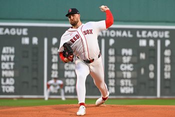 Apr 7, 2026; Boston, Massachusetts, USA; Boston Red Sox starting pitcher Garrett Crochet (35) pitches against the Milwaukee Brewers during the first inning at Fenway Park. Mandatory Credit: Eric Canha-Imagn Images