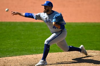 Apr 7, 2026; Cleveland, Ohio, USA; Kansas City Royals relief pitcher John Schreiber (46) throws a pitch in the ninth inning against the Cleveland Guardians at Progressive Field. Mandatory Credit: David Richard-Imagn Images