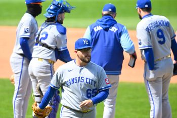 Apr 7, 2026; Cleveland, Ohio, USA; Kansas City Royals starting pitcher Noah Cameron (65) walks off the mound during a pitching change in the sixth inning against the Cleveland Guardians at Progressive Field. Mandatory Credit: David Richard-Imagn Images