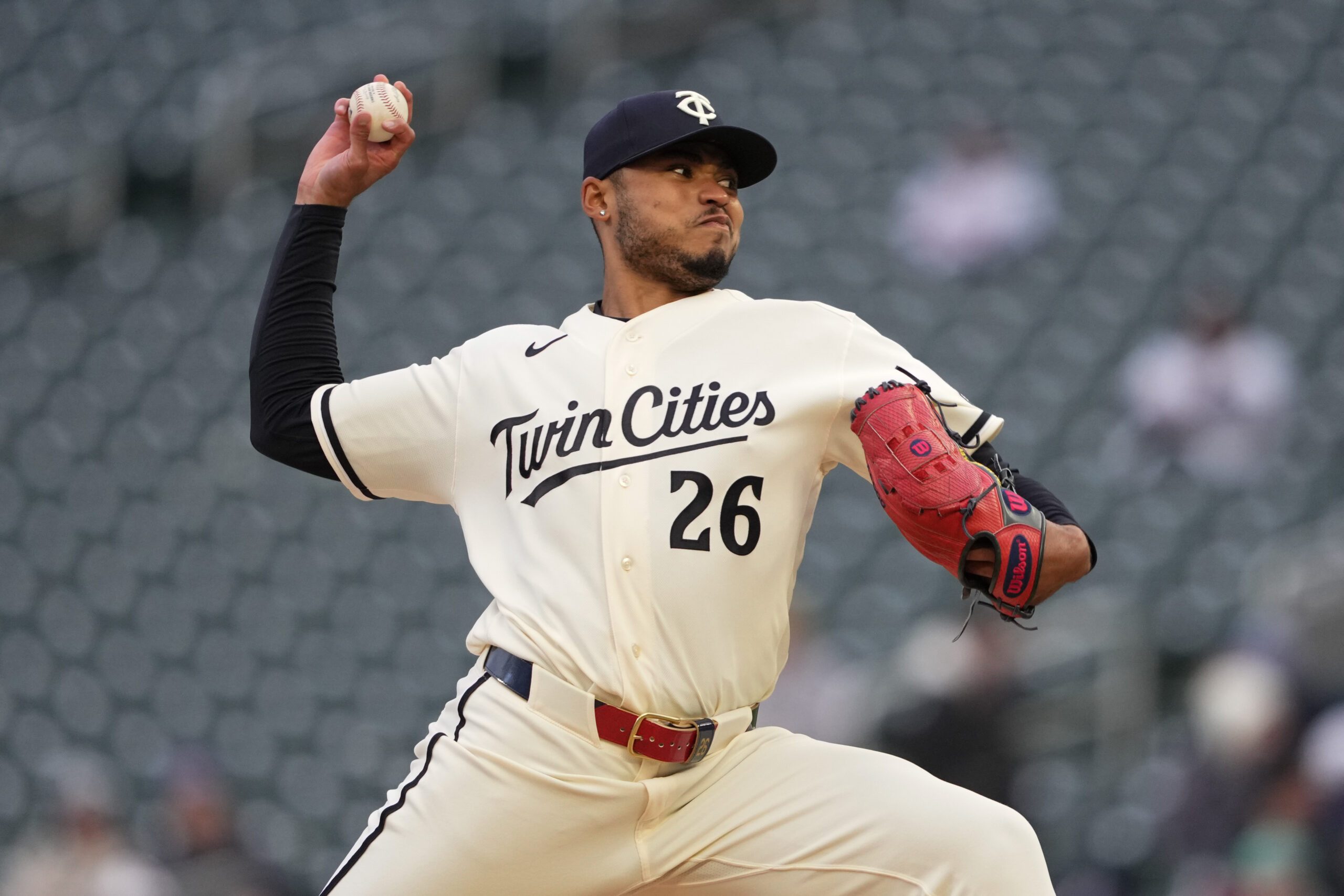 Apr 7, 2026; Minneapolis, Minnesota, USA; Minnesota Twins pitcher Taj Bradley (26) pitches during the first inning against the Detroit Tigers at Target Field. Mandatory Credit: Jordan Johnson-Imagn Images