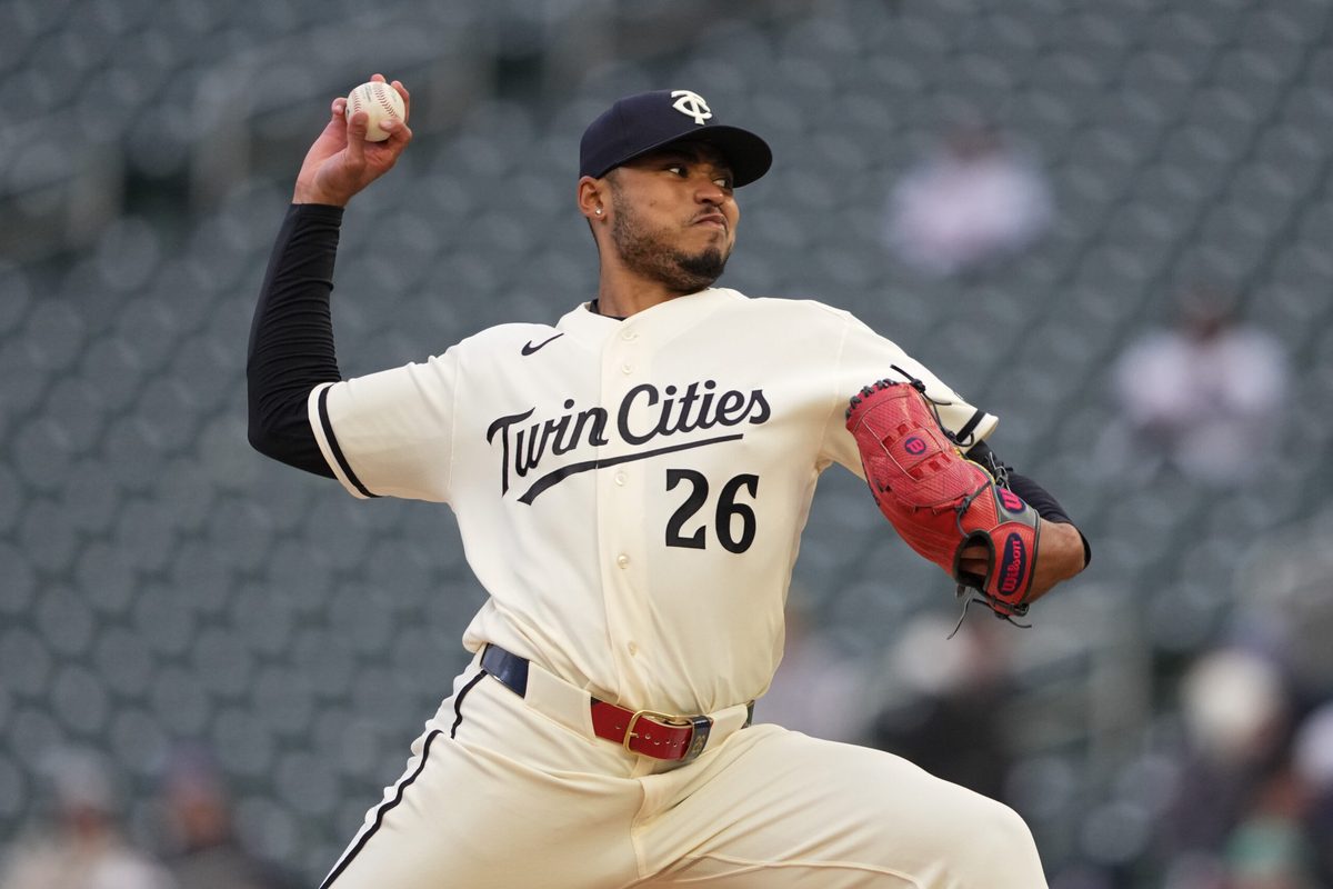Apr 7, 2026; Minneapolis, Minnesota, USA; Minnesota Twins pitcher Taj Bradley (26) pitches during the first inning against the Detroit Tigers at Target Field. Mandatory Credit: Jordan Johnson-Imagn Images