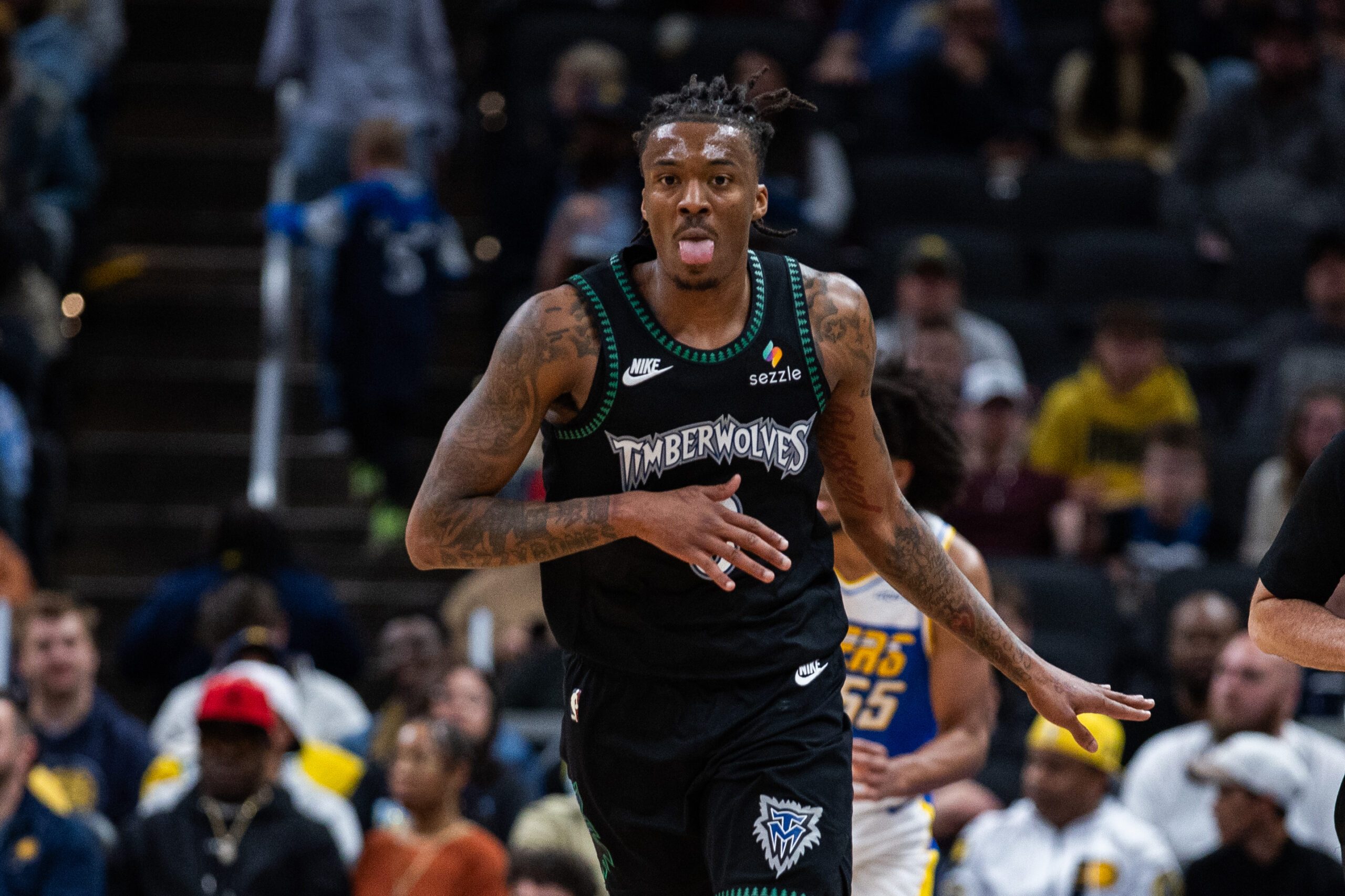 Apr 7, 2026; Indianapolis, Indiana, USA; Minnesota Timberwolves guard Bones Hyland (8) celebrates after a basket in the second half against the Indiana Pacers at Gainbridge Fieldhouse. Mandatory Credit: Trevor Ruszkowski-Imagn Images