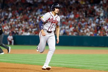 kApr 7, 2026; Anaheim, California, USA; Atlanta Braves first baseman Matt Olson (28) runs to third during the fourth inning against the Los Angeles Angels at Angel Stadium. Mandatory Credit: William Navarro-Imagn Images