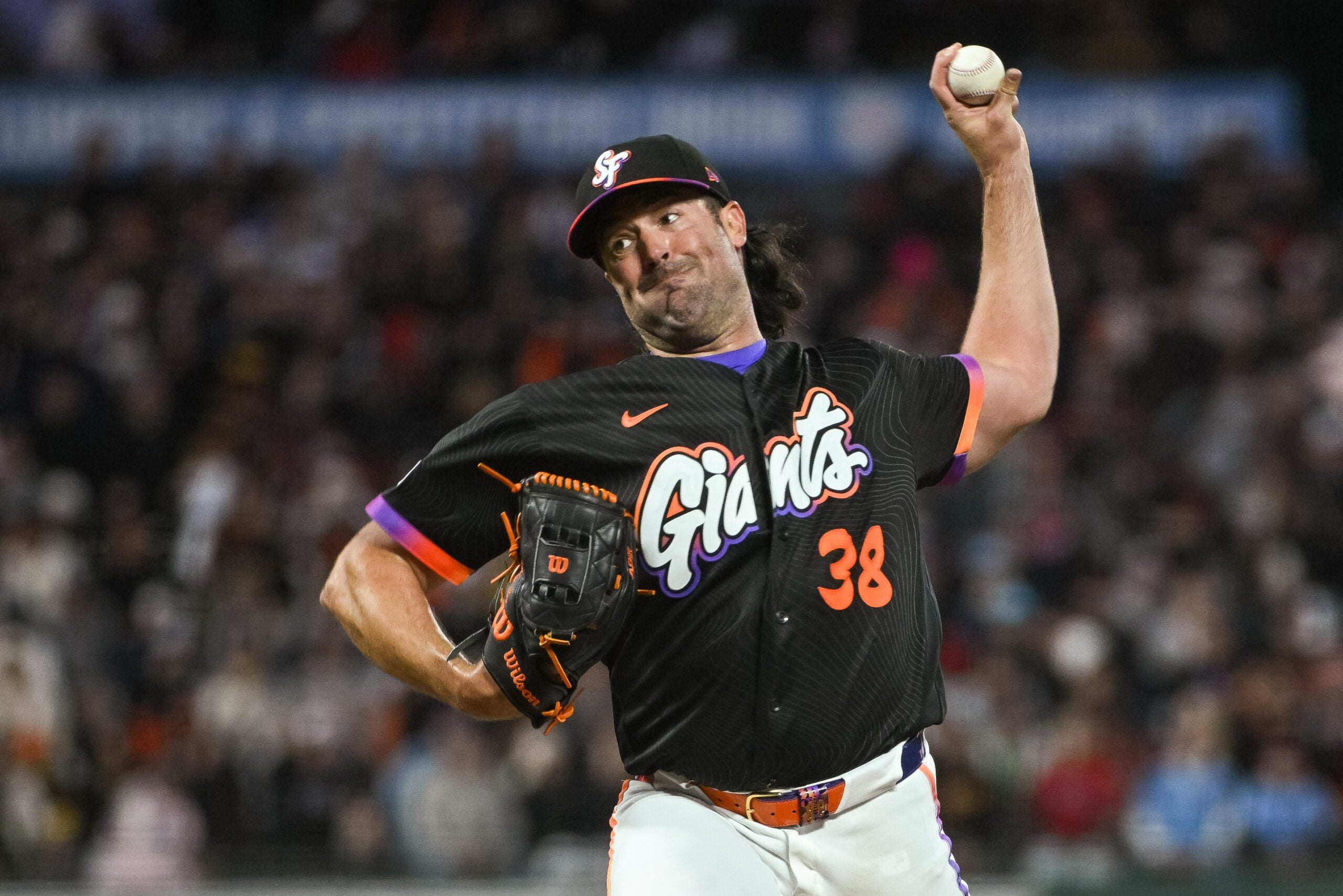 Apr 7, 2026; San Francisco, California, USA; San Francisco Giants pitcher Robbie Ray (38) throws a pitch against the Philadelphia Phillies during the fourth inning at Oracle Park. Mandatory Credit: Ed Szczepanski-Imagn Images