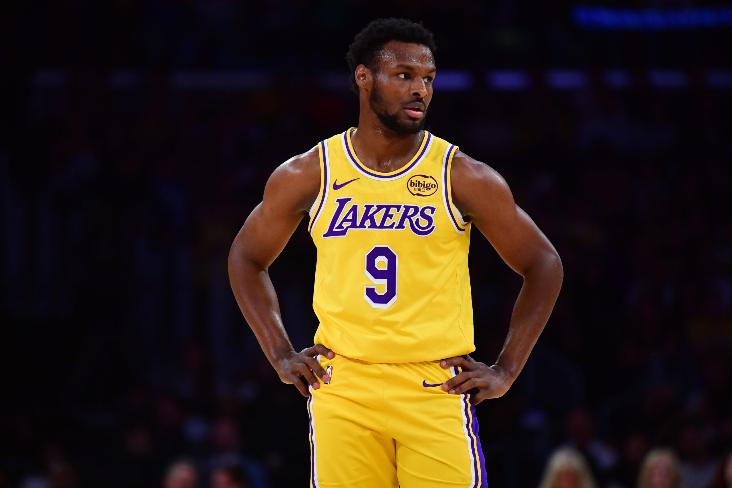 April 7, 2026; Los Angeles, California, USA; Los Angeles Lakers guard Bronny James (9) during the first half at Crypto.com Arena. Mandatory Credit: Gary A. Vasquez-Imagn Images