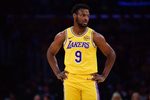 April 7, 2026; Los Angeles, California, USA; Los Angeles Lakers guard Bronny James (9) during the first half at Crypto.com Arena. Mandatory Credit: Gary A. Vasquez-Imagn Images