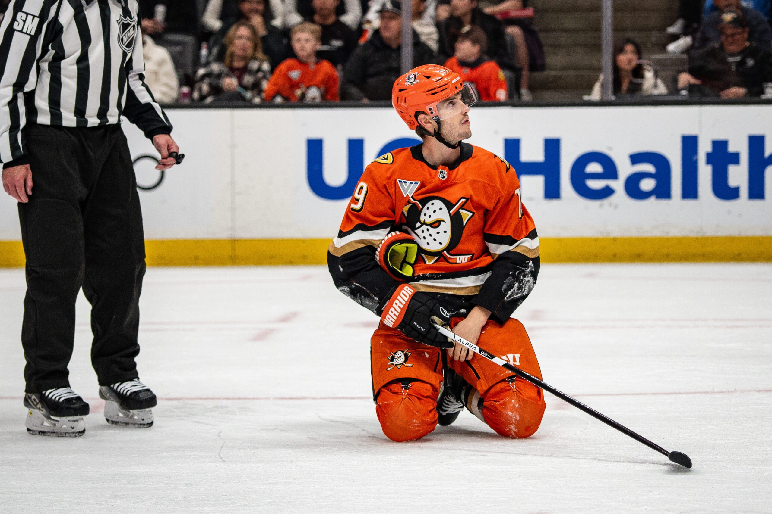 Apr 4, 2026; Anaheim, California, USA; Anaheim Ducks right wing Troy Terry (19) following a tripping call during the second period against the Nashville Predators at Honda Center. Mandatory Credit: Corinne Votaw-Imagn Images