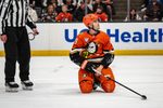 Apr 4, 2026; Anaheim, California, USA; Anaheim Ducks right wing Troy Terry (19) following a tripping call during the second period against the Nashville Predators at Honda Center. Mandatory Credit: Corinne Votaw-Imagn Images