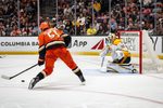 Apr 4, 2026; Anaheim, California, USA; Anaheim Ducks defenseman Olen Zellweger (51) takes a shot on goal during the second period against the Nashville Predators at Honda Center. Mandatory Credit: Corinne Votaw-Imagn Images
