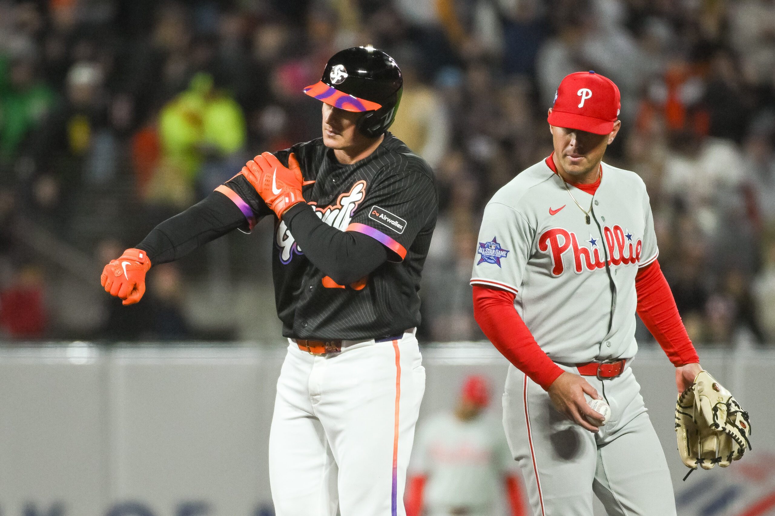 Apr 7, 2026; San Francisco, California, USA; San Francisco Giants third baseman Matt Chapman (26) motions to his team mates after hitting a double during the fifth inning of the game against the Philadelphia Phillies at Oracle Park. Mandatory Credit: Ed Szczepanski-Imagn Images