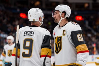 Apr 7, 2026; Vancouver, British Columbia, CAN; Vegas Golden Knights forward Jack Eichel (9) talks with forward Mark Stone (61) during a stop in play against the Vancouver Canucks in the third period at Rogers Arena. Mandatory Credit: Bob Frid-Imagn Images
