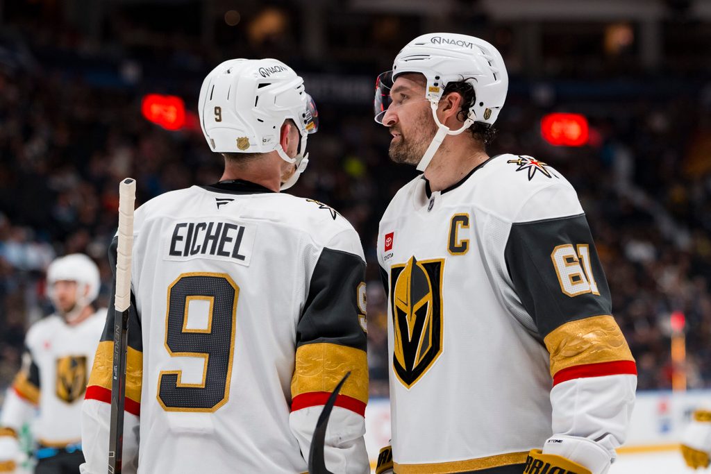 Apr 7, 2026; Vancouver, British Columbia, CAN; Vegas Golden Knights forward Jack Eichel (9) talks with forward Mark Stone (61) during a stop in play against the Vancouver Canucks in the third period at Rogers Arena. Mandatory Credit: Bob Frid-Imagn Images