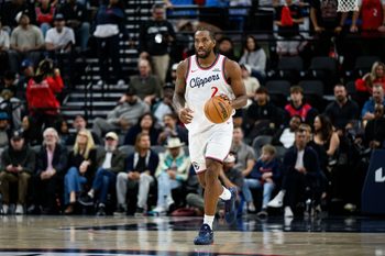 Apr 7, 2026; Inglewood, California, USA; Los Angeles Clippers forward Kawhi Leonard (2) controls the ball during the first half against the Dallas Mavericks at Intuit Dome. Mandatory Credit: William Liang-Imagn Images