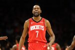 Apr 7, 2026; Phoenix, Arizona, USA; Houston Rockets forward Kevin Durant (7) celebrates a three point shot against the Phoenix Suns in the second half at Mortgage Matchup Center. Mandatory Credit: Mark J. Rebilas-Imagn Images