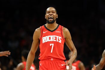 Apr 7, 2026; Phoenix, Arizona, USA; Houston Rockets forward Kevin Durant (7) celebrates a three point shot against the Phoenix Suns in the second half at Mortgage Matchup Center. Mandatory Credit: Mark J. Rebilas-Imagn Images