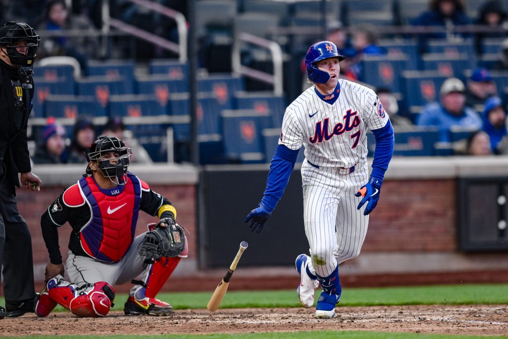 Apr 8, 2026; New York City, New York, USA; New York Mets third baseman Brett Baty (7) hits a double against the Arizona Diamondbacks during the eighth inning at Citi Field. Mandatory Credit: John Jones-Imagn Images