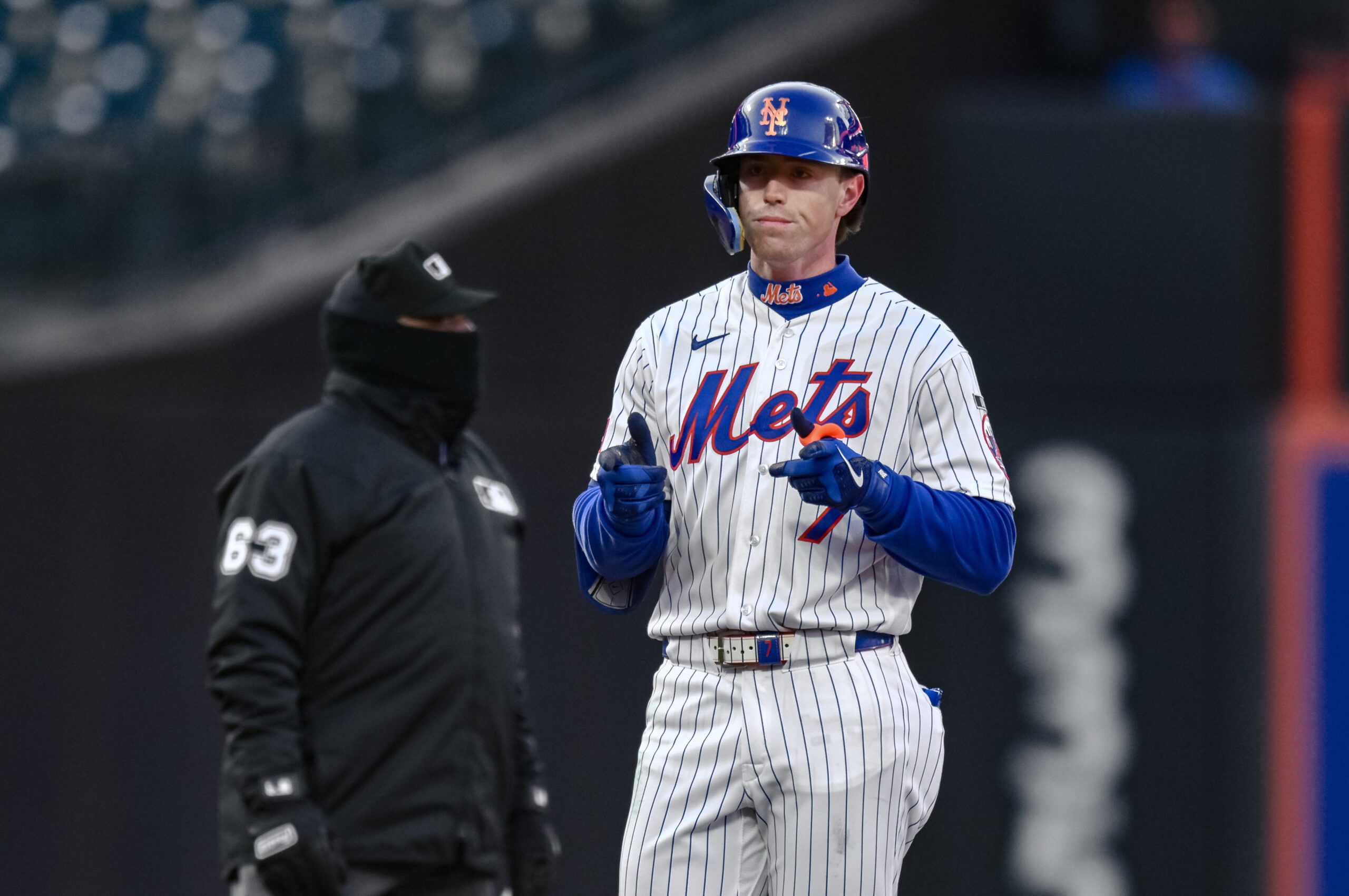 Apr 8, 2026; New York City, New York, USA; New York Mets third baseman Brett Baty (7) reacts after hitting a double against the Arizona Diamondbacks during the eighth inning at Citi Field. Mandatory Credit: John Jones-Imagn Images