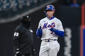Apr 8, 2026; New York City, New York, USA; New York Mets third baseman Brett Baty (7) reacts after hitting a double against the Arizona Diamondbacks during the eighth inning at Citi Field. Mandatory Credit: John Jones-Imagn Images