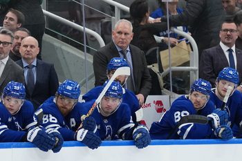 Apr 8, 2026; Toronto, Ontario, CAN; Toronto Maple Leafs head coach Craig Berube watches the play against the Washington Capitals during the third period at Scotiabank Arena. Mandatory Credit: Nick Turchiaro-Imagn Images