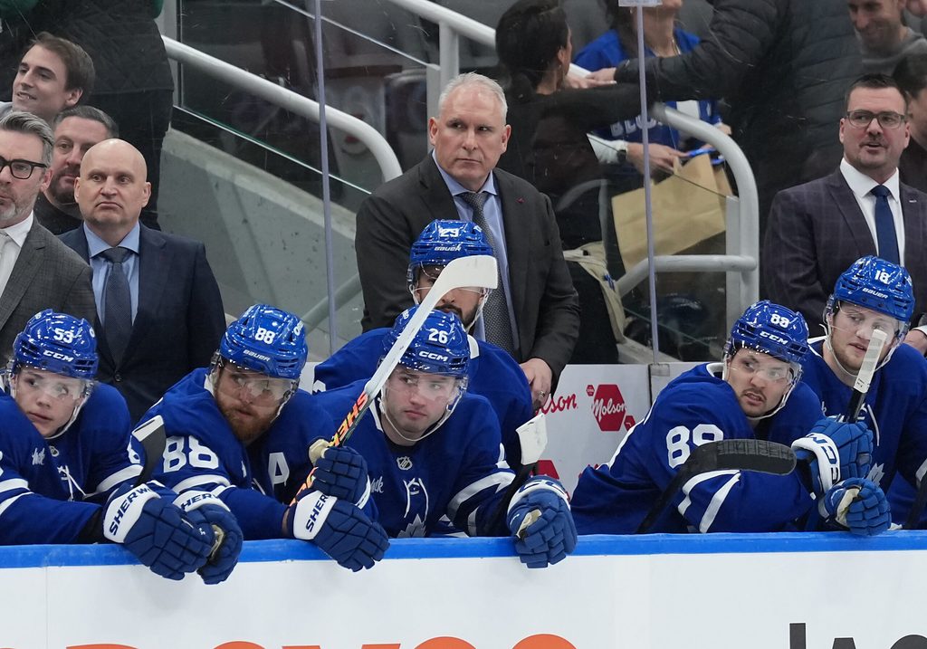 Apr 8, 2026; Toronto, Ontario, CAN; Toronto Maple Leafs head coach Craig Berube watches the play against the Washington Capitals during the third period at Scotiabank Arena. Mandatory Credit: Nick Turchiaro-Imagn Images