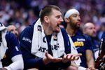 Apr 8, 2026; Denver, Colorado, USA; Denver Nuggets center Nikola Jokic (15) reacts from the bench in the second quarter against the Memphis Grizzlies at Ball Arena. Mandatory Credit: Isaiah J. Downing-Imagn Images
