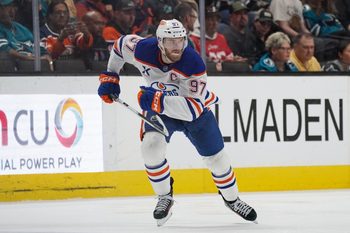Apr 8, 2026; San Jose, California, USA;  Edmonton Oilers center Connor McDavid (97) looks for the puck during a game against the San Jose Sharks in the second period at SAP Center at San Jose. Mandatory Credit: David Gonzales-Imagn Images