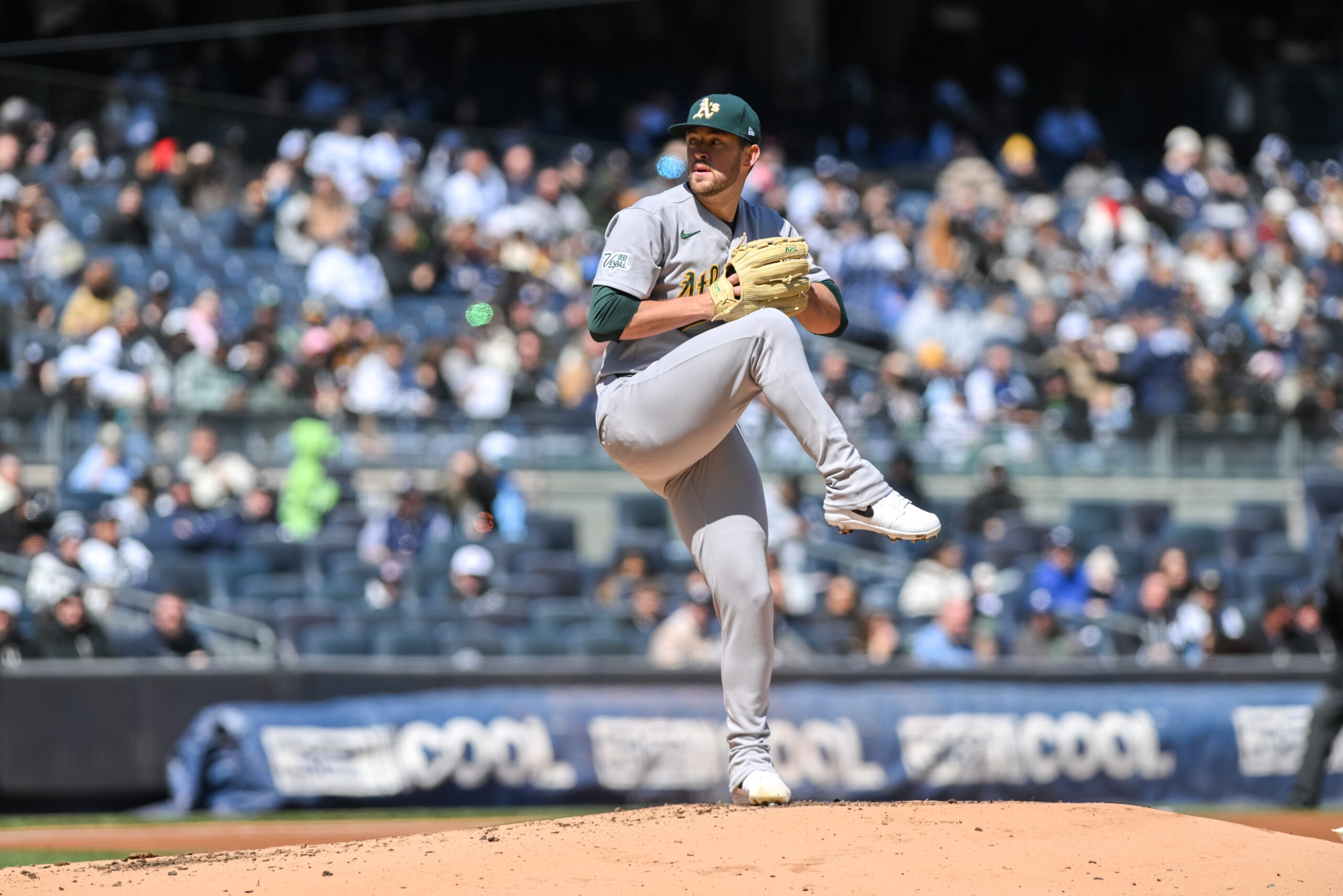 Apr 9, 2026; Bronx, New York, USA; Athletics pitcher Jeffrey Springs (59) pitches against the New York Yankees during the first inning at Yankee Stadium. Mandatory Credit: John Jones-Imagn Images