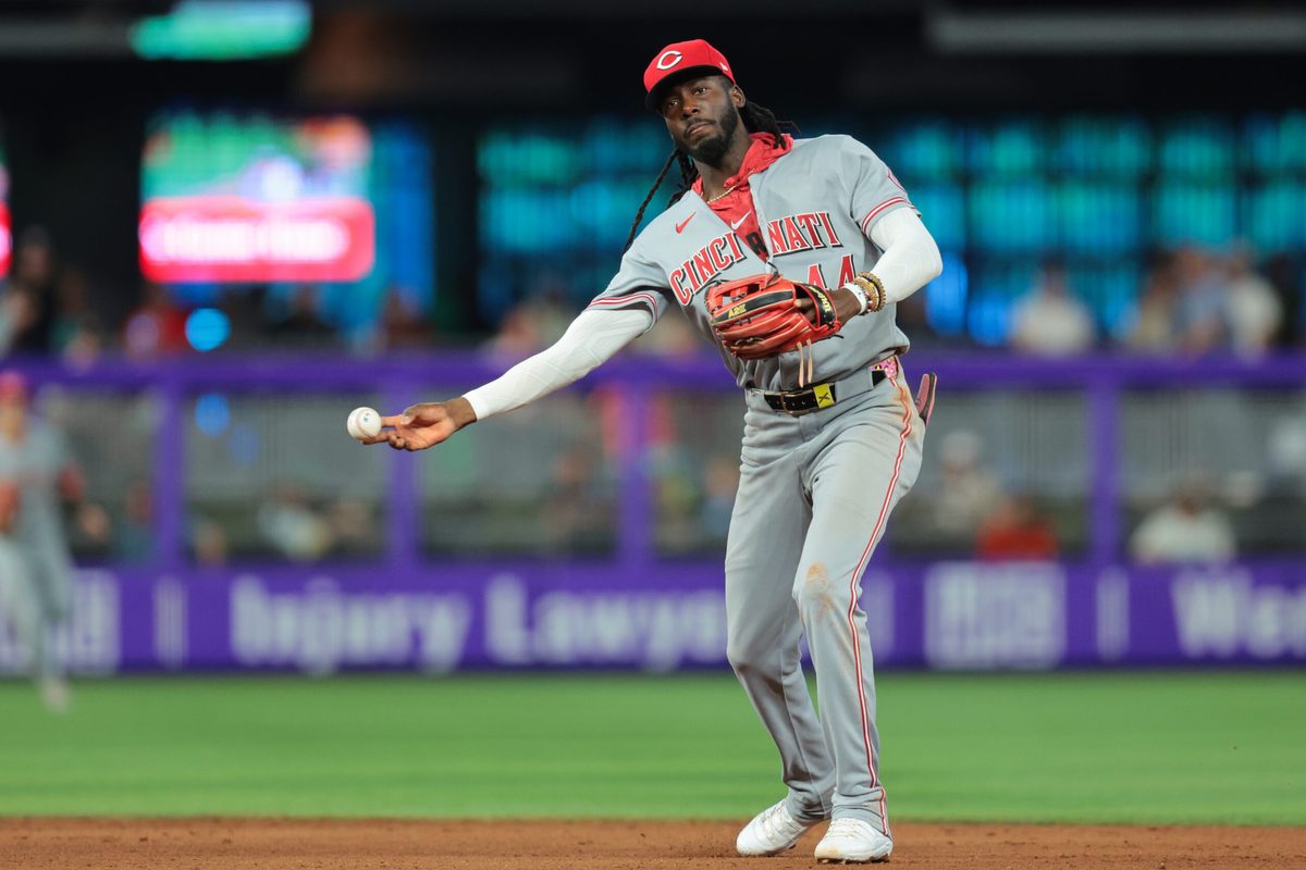 Apr 9, 2026; Miami, Florida, USA; Cincinnati Reds shortstop Elly de la Cruz (44) turns a double play against the Miami Marlins during the eighth inning at loanDepot Park. Mandatory Credit: Sam Navarro-Imagn Images