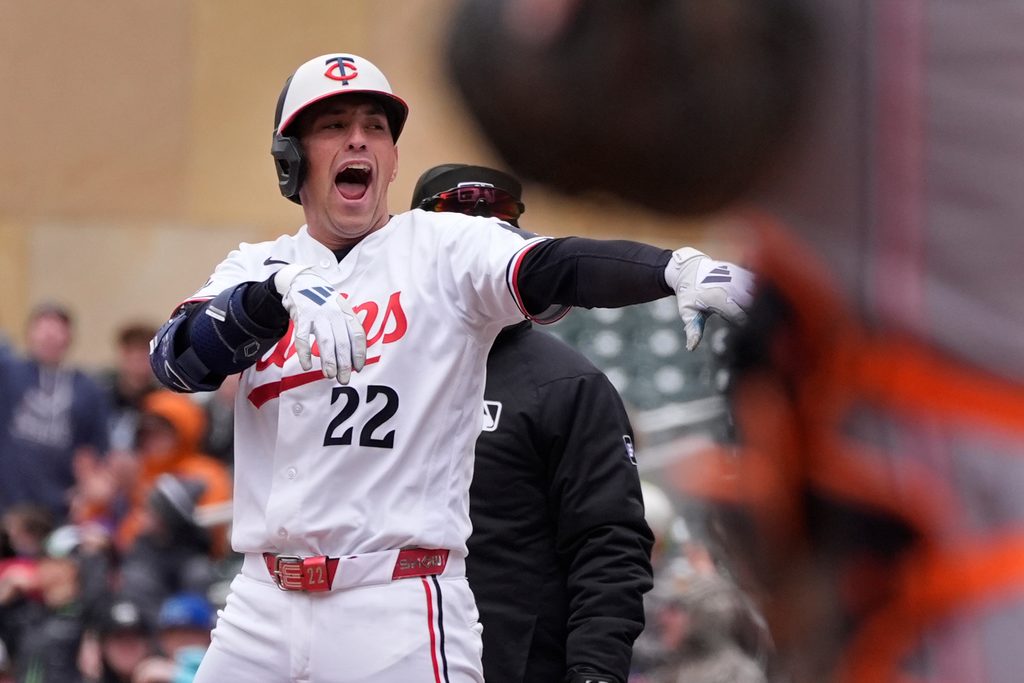 Apr 9, 2026; Minneapolis, Minnesota, USA; Minnesota Twins third baseman Royce Lewis (23) celebrates his two-run single against the Detroit Tigers in the eighth inning at Target Field. Mandatory Credit: Bruce Kluckhohn-Imagn Images