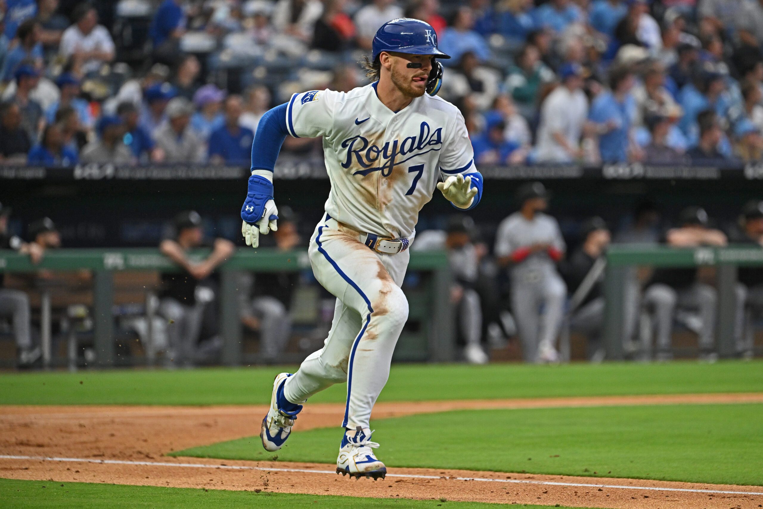 Apr 9, 2026; Kansas City, Missouri, USA;  Kansas City Royals shortstop Bobby Witt Jr. (7) runs after hitting a double in the third inning against the Chicago White Sox at Kauffman Stadium. Mandatory Credit: Peter Aiken-Imagn Images
