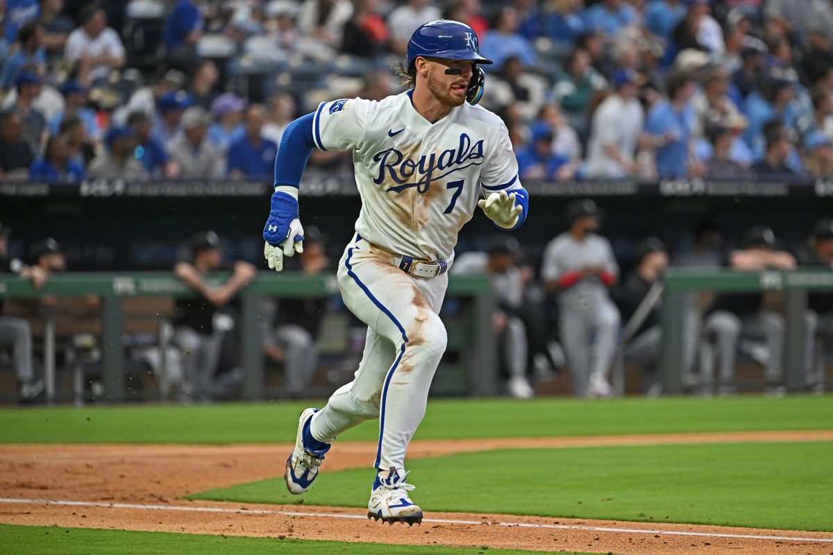 Apr 9, 2026; Kansas City, Missouri, USA;  Kansas City Royals shortstop Bobby Witt Jr. (7) runs after hitting a double in the third inning against the Chicago White Sox at Kauffman Stadium. Mandatory Credit: Peter Aiken-Imagn Images