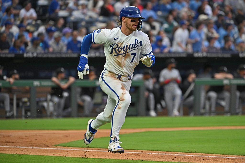 Apr 9, 2026; Kansas City, Missouri, USA; Kansas City Royals shortstop Bobby Witt Jr. (7) runs after hitting a double in the third inning against the Chicago White Sox at Kauffman Stadium. Mandatory Credit: Peter Aiken-Imagn Images