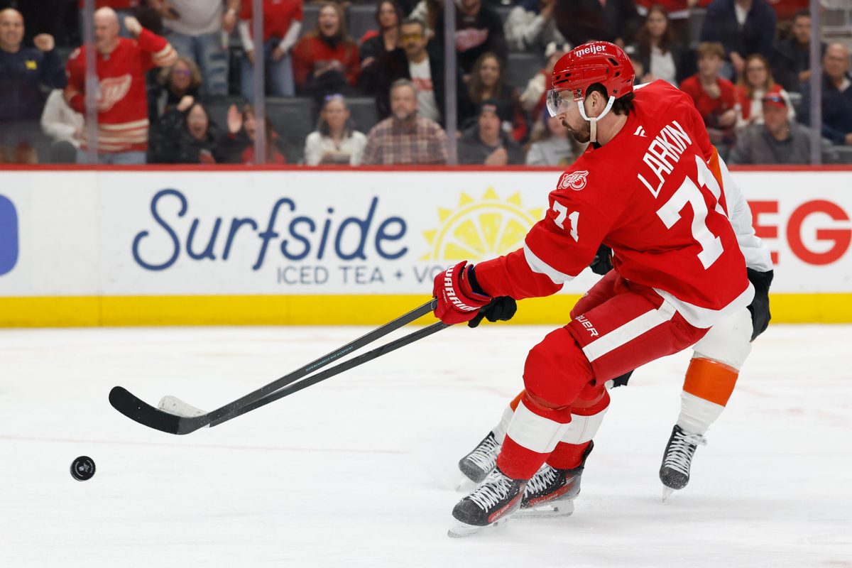 Mar 28, 2026; Detroit, Michigan, USA; Detroit Red Wings center Dylan Larkin (71) skates with the puck in the second period against the Philadelphia Flyers at Little Caesars Arena. Mandatory Credit: Rick Osentoski-Imagn Images