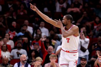 Apr 9, 2026; Houston, Texas, USA; Houston Rockets forward Kevin Durant (7) reacts after a made basket against the Philadelphia 76ers during the fourth quarter at Toyota Center. Mandatory Credit: Erik Williams-Imagn Images