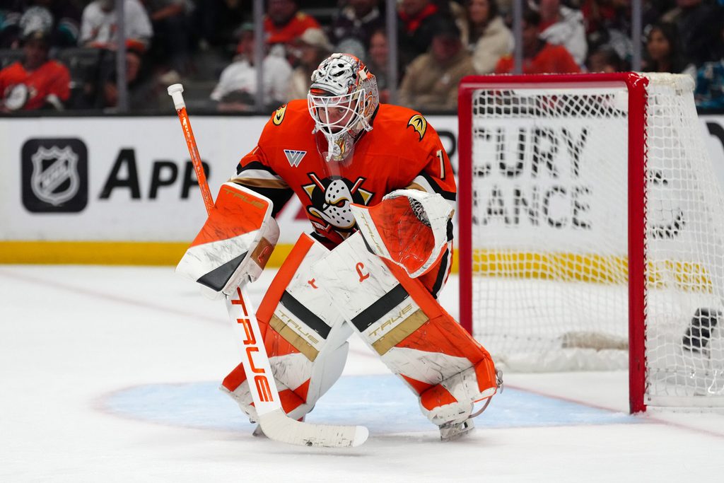 Apr 9, 2026; Anaheim, California, USA; Anaheim Ducks goaltender Lukas Dostal (1) defends the goal against the San Jose Sharks in the third period at Honda Center. Mandatory Credit: Kirby Lee-Imagn Images