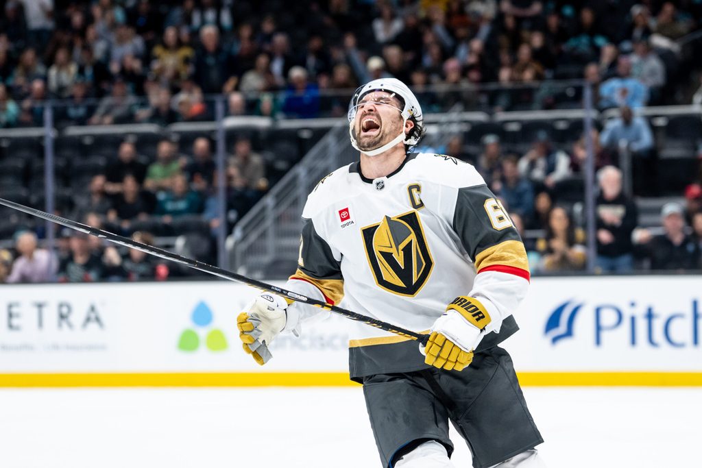 Apr 9, 2026; Seattle, Washington, USA; Vegas Golden Knights forward Mark Stone (61) reacts after missing a shot during a shootout against the Seattle Kraken at Climate Pledge Arena. Mandatory Credit: Stephen Brashear-Imagn Images