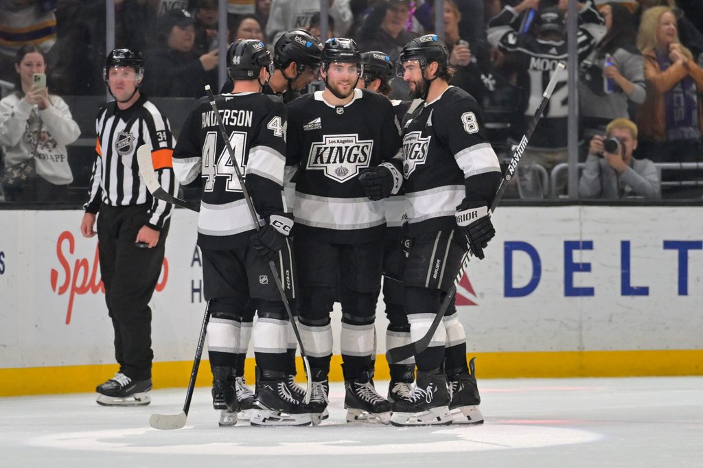 Apr 9, 2026; Los Angeles, California, USA; Los Angeles Kings celebrate a goal during the third period against the Vancouver Canucks at Crypto.com Arena. Mandatory Credit: Jayne Kamin-Oncea-Imagn Images