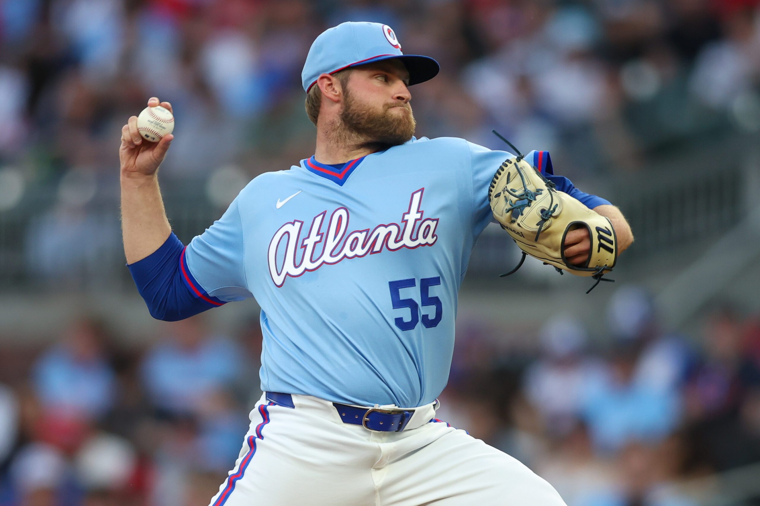 Apr 10, 2026; Atlanta, Georgia, USA; Atlanta Braves starting pitcher Bryce Elder (55) throws against the Cleveland Guardians in the second inning at Truist Park. Mandatory Credit: Brett Davis-Imagn Images