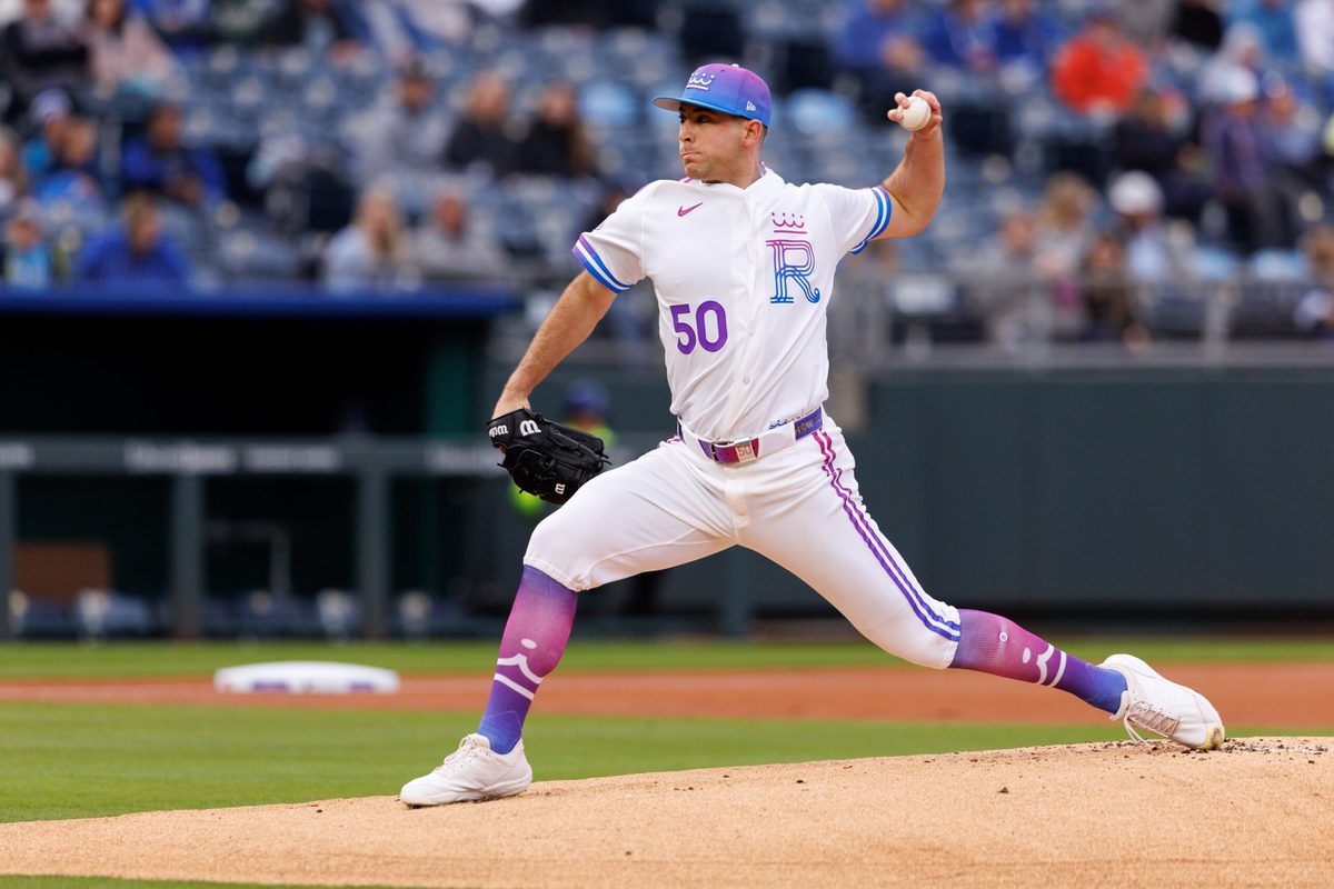 Apr 10, 2026; Kansas City, Missouri, USA; Kansas City Royals pitcher Kris Bubic (50) pitches during the first inning against the Chicago White Sox at Kauffman Stadium. Mandatory Credit: William Purnell-Imagn Images
